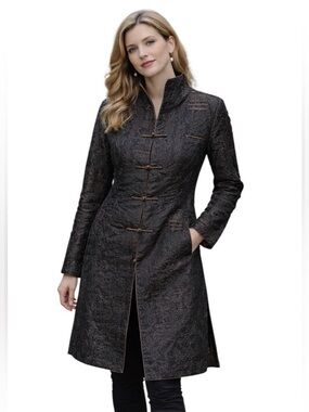 Sheng Tangchun Black Brocade Embroidered Mandarin Collar Long Jacket Coat M